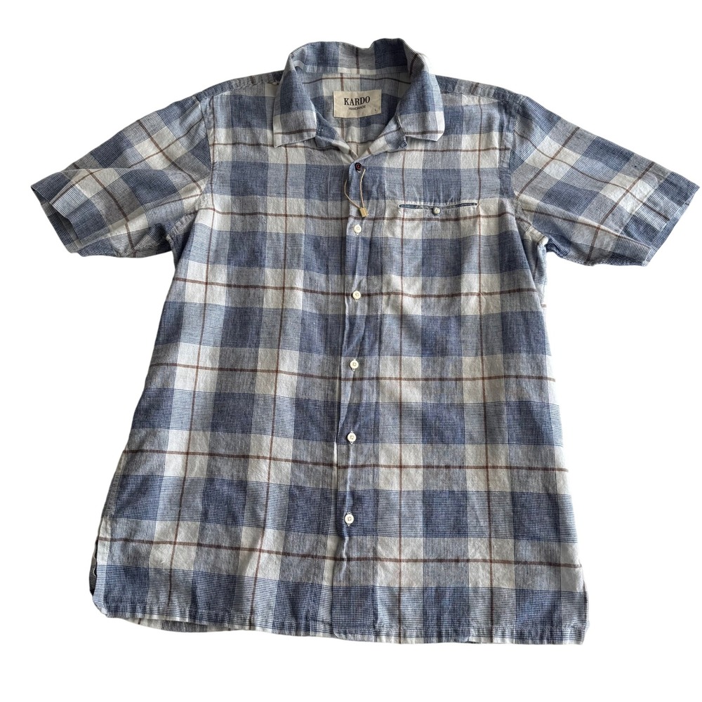 Kardo Handmade in India Madras Plaid Cotton Blue Cream Button Up Camp Shirt M